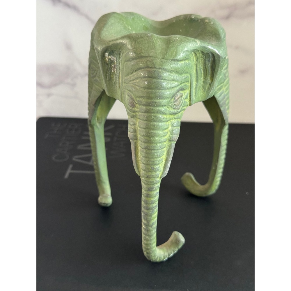 Vintage Verdigris Elephant Vessel Heavy Cast Metal Hollywood Regency